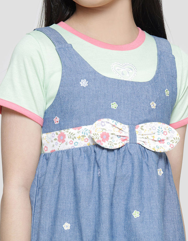 Little M Overall Chambray Full Bordir Kaos Lengan Pendek Anak Perempuan