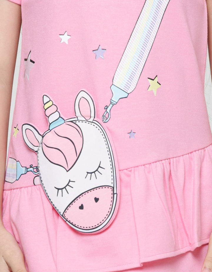 Little M Midi Dress Lengan Pendek Tas Unicorn Anak Perempuan