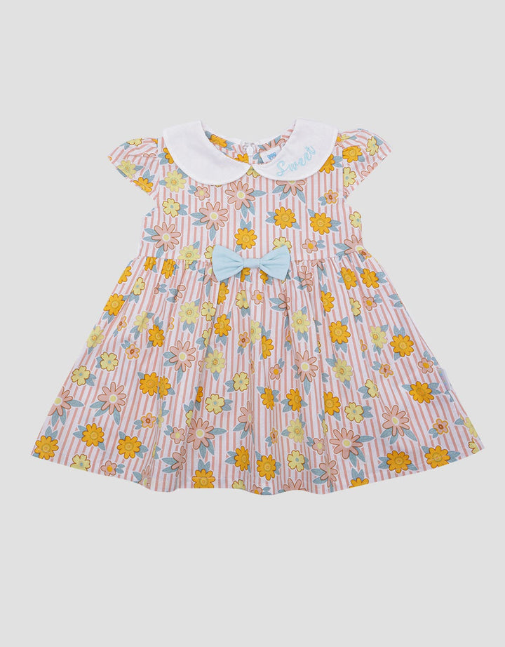 Pipiniko Stripes Flower Lengan Pendek Midi Dress Anak Perempuan