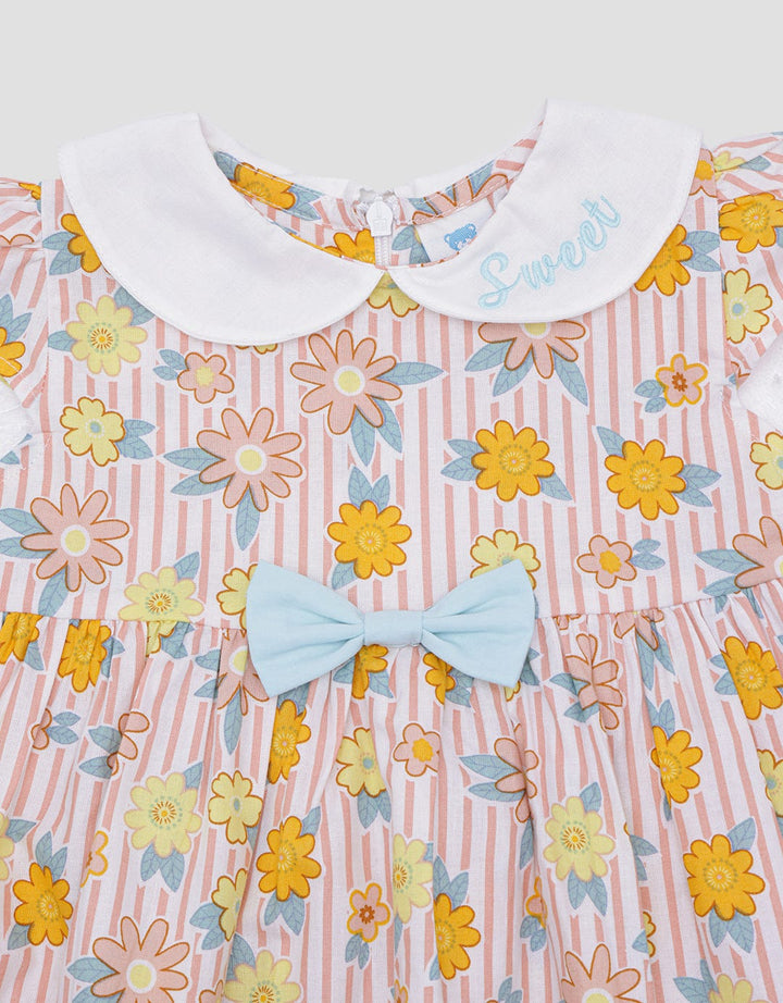 Pipiniko Stripes Flower Lengan Pendek Midi Dress Anak Perempuan