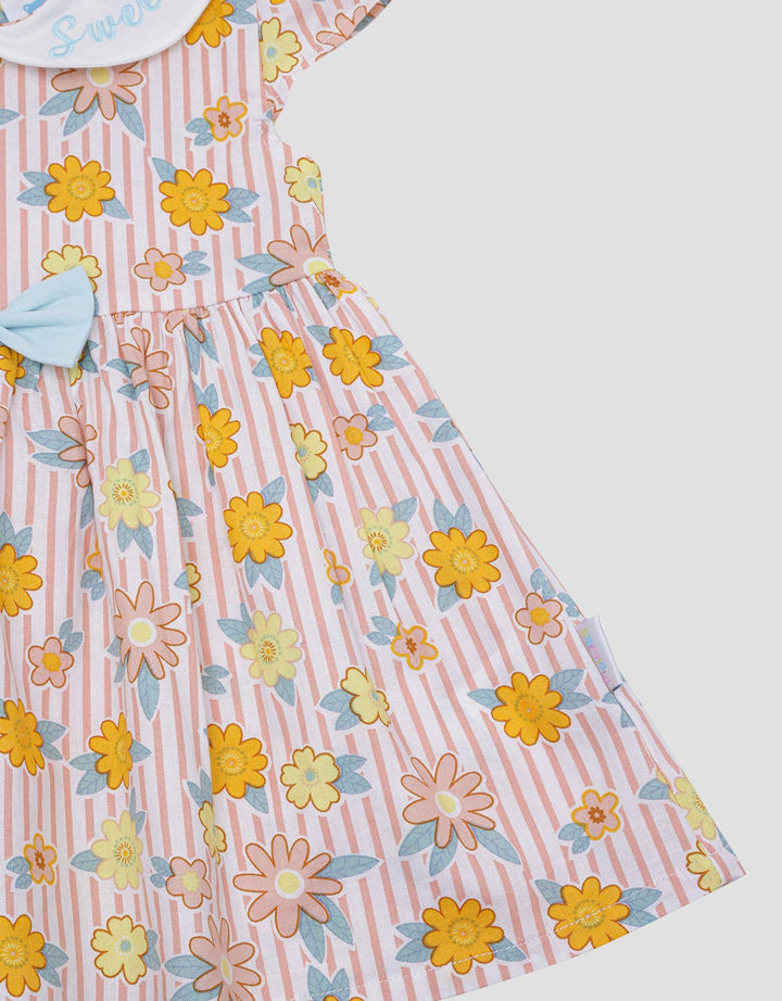 Pipiniko Stripes Flower Lengan Pendek Midi Dress Anak Perempuan