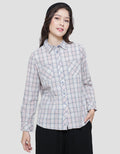 Triset Plaid Two Pocket Casual Blouse Wanita