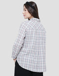 Triset Plaid Two Pocket Casual Blouse Wanita