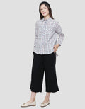Triset Plaid Two Pocket Casual Blouse Wanita