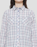 Triset Plaid Two Pocket Casual Blouse Wanita