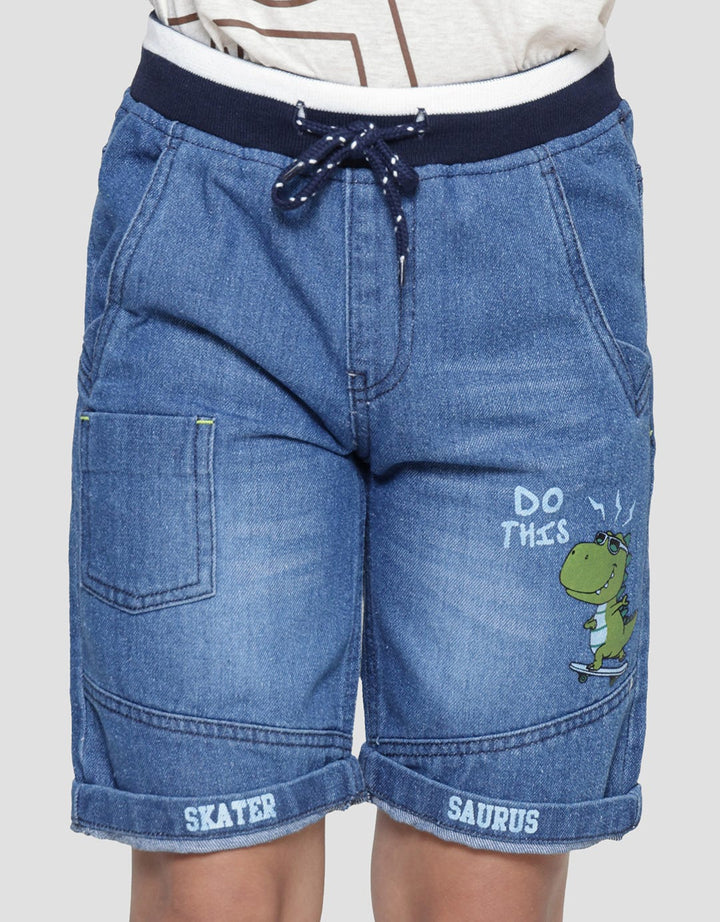 Little M Rib Dino Skate Boys Denim Shorts