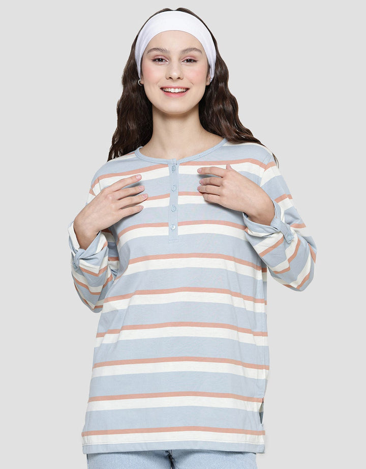 Connexion Women's Long Sleeve Henley T-Shirt Striped Pattern