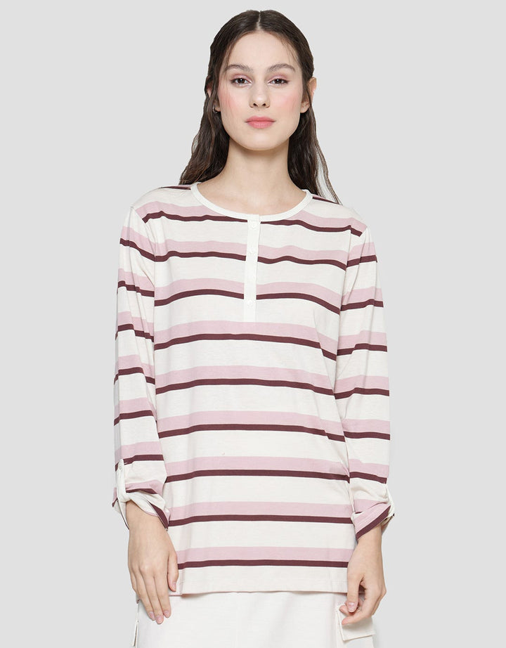 Connexion Women's Long Sleeve Henley T-Shirt Striped Pattern