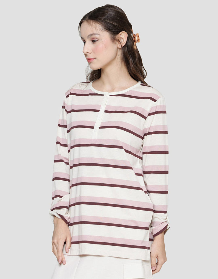 Connexion Women's Long Sleeve Henley T-Shirt Striped Pattern