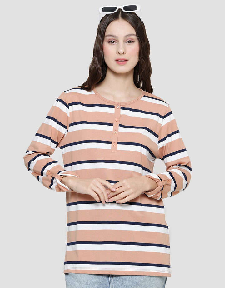 Connexion Women's Long Sleeve Henley T-Shirt Striped Pattern