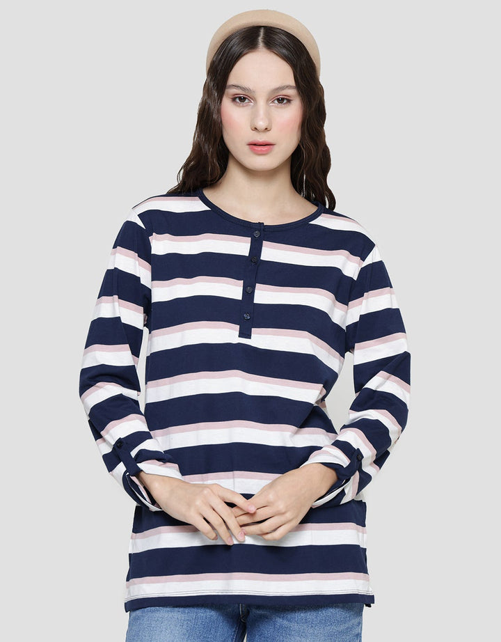 Connexion Women's Long Sleeve Henley T-Shirt Striped Pattern