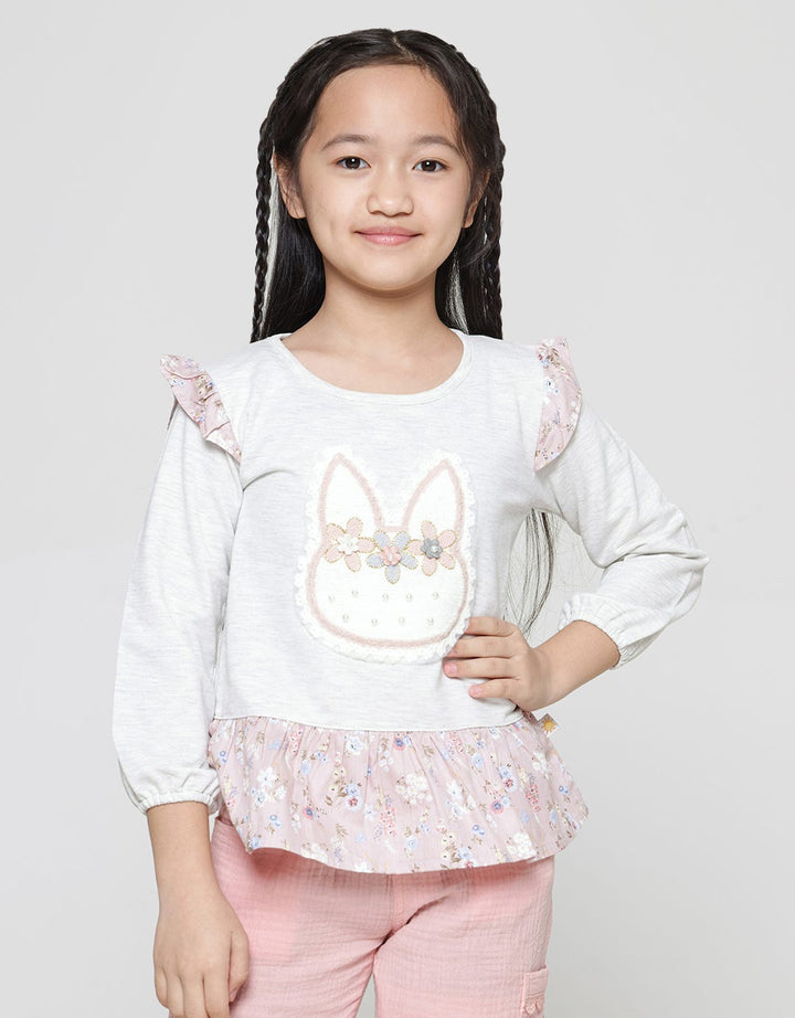 Little M Girls Long Sleeve T-shirt Floral Print Rabbit Application