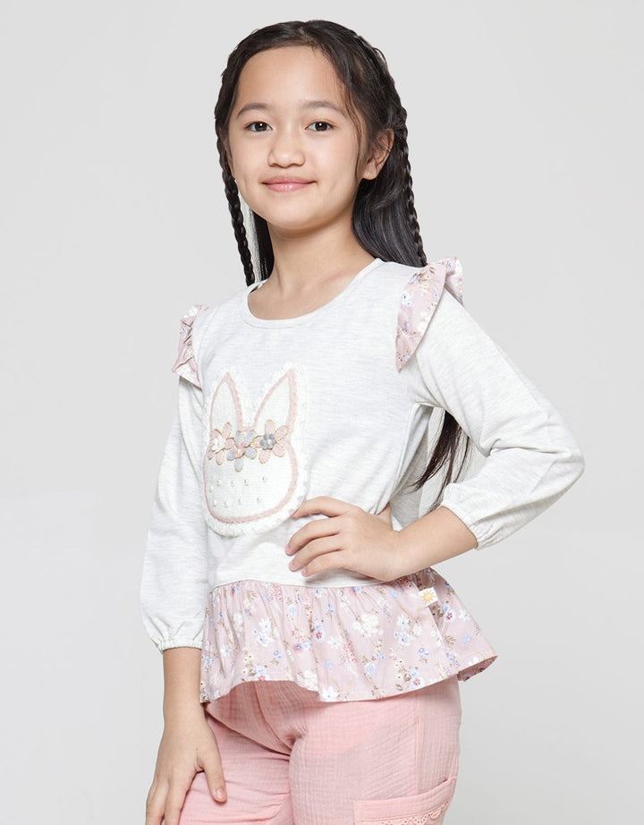 Little M Girls Long Sleeve T-shirt Floral Print Rabbit Application
