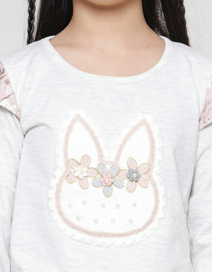 Little M Girls Long Sleeve T-shirt Floral Print Rabbit Application