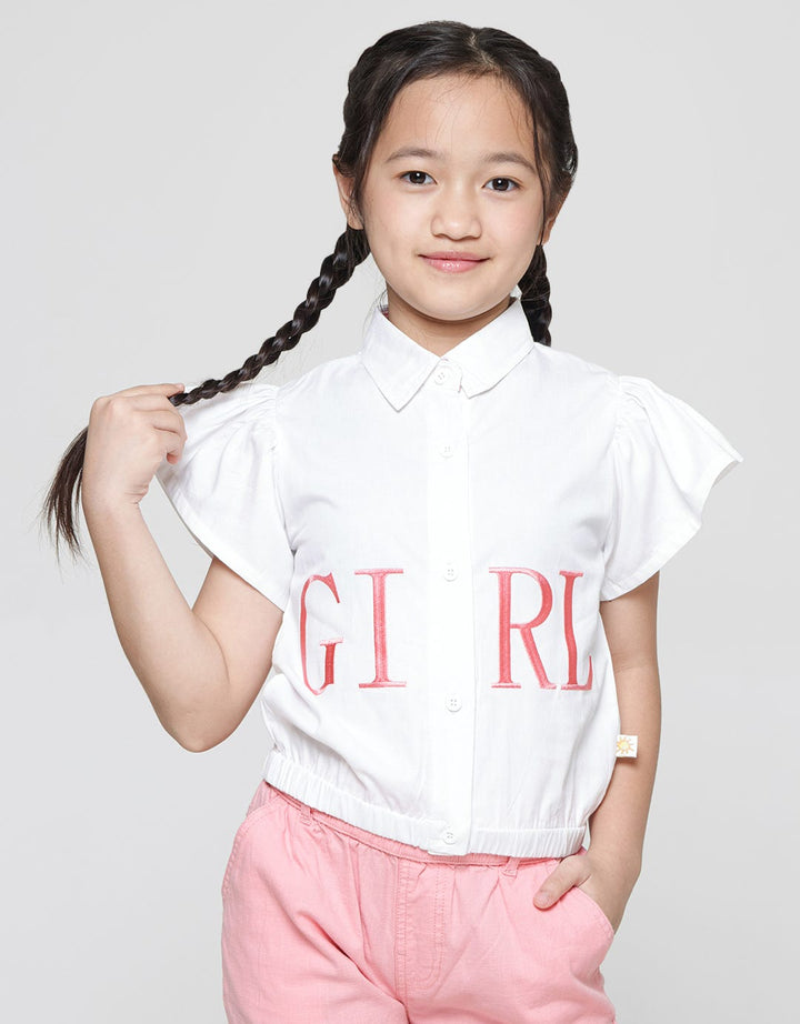 Little M Ruffle Kerah Bordir Girl Kemeja Lengan Pendek Anak Perempuan
