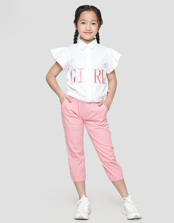 Little M Ruffle Kerah Bordir Girl Kemeja Lengan Pendek Anak Perempuan