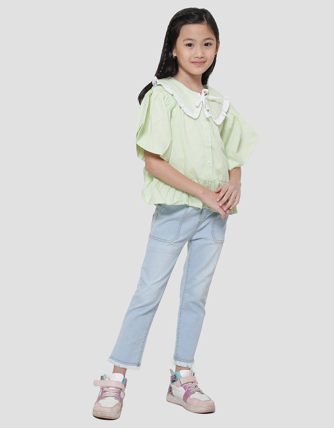 Little M Kerah Kombinasi Bawah Ruffle Kemeja Blouse Anak Perempuan