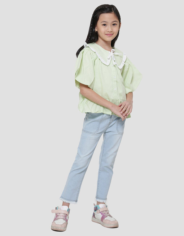 Little M Kerah Kombinasi Bawah Ruffle Kemeja Blouse Anak Perempuan