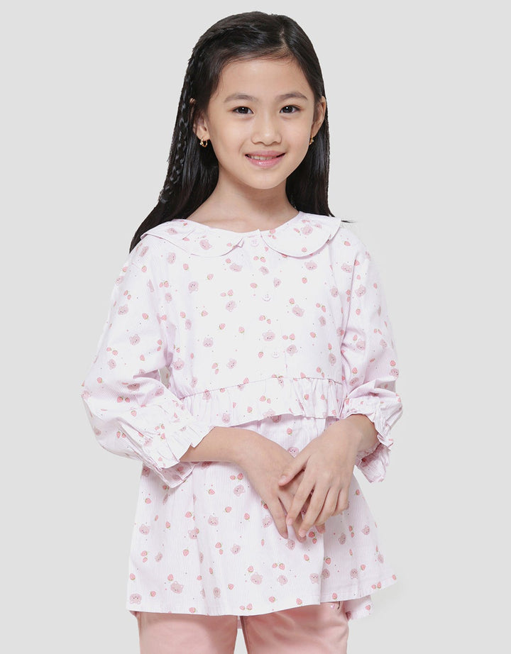 Little M Kerah Ruffle Print Salur Bear Blouse Anak Perempuan