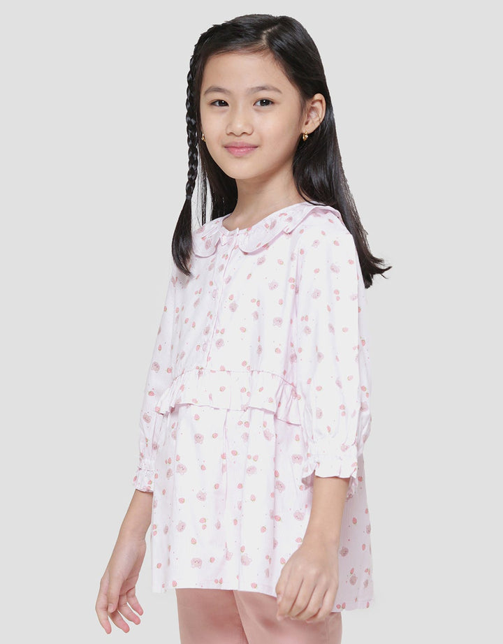 Little M Kerah Ruffle Print Salur Bear Blouse Anak Perempuan