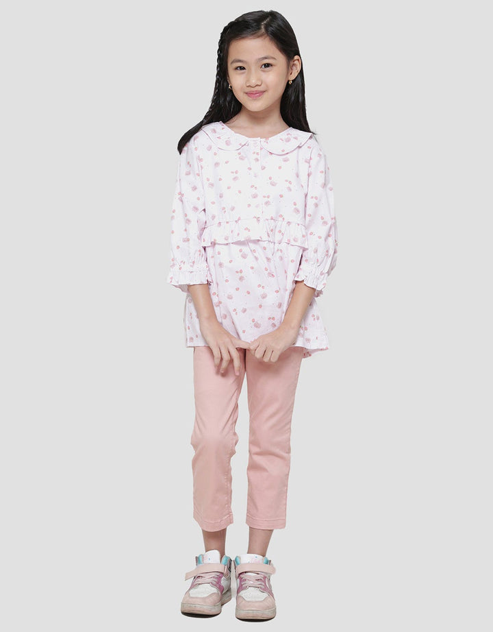 Little M Kerah Ruffle Print Salur Bear Blouse Anak Perempuan