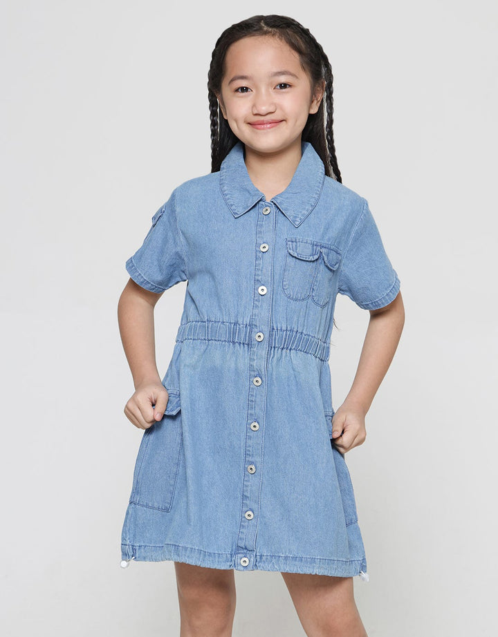 Little M Midi Dress Denim Lengan Pendek Cargo Bawah Stoper Anak Perempuan
