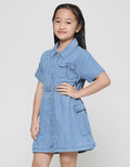 Little M Midi Dress Denim Lengan Pendek Cargo Bawah Stoper Anak Perempuan