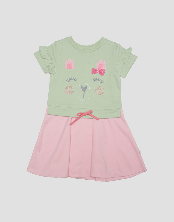 Little M Aplikasi Bear Lengan Ruffle Midi Dress Lengan Pendek Anak Perempuan