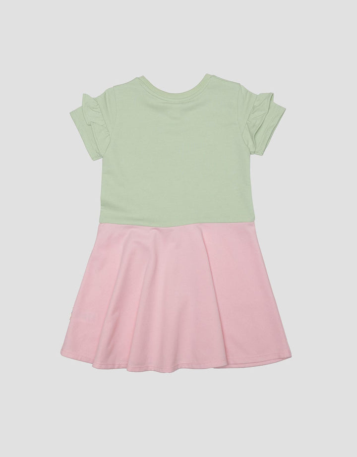 Little M Aplikasi Bear Lengan Ruffle Midi Dress Lengan Pendek Anak Perempuan