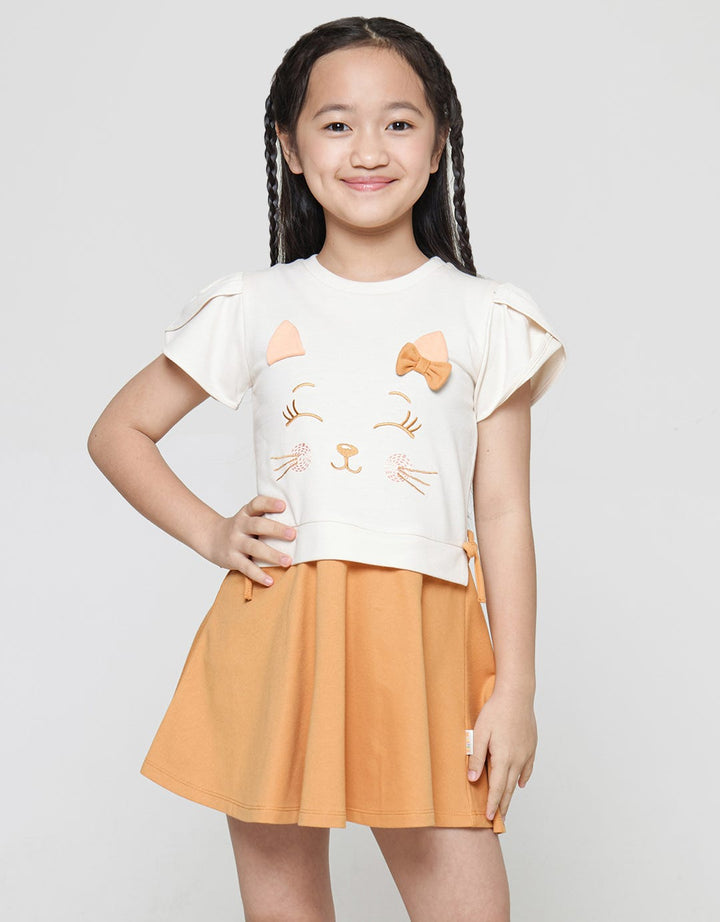 Little M Midi Dress Kombinasi Aplikasi Kucing Anak Perempuan
