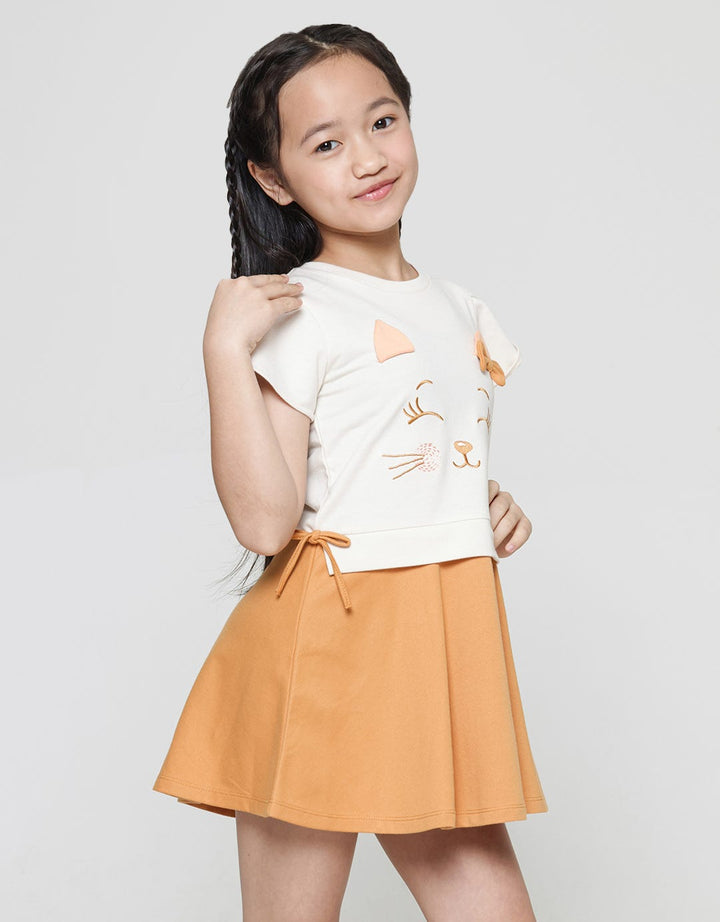 Little M Midi Dress Kombinasi Aplikasi Kucing Anak Perempuan