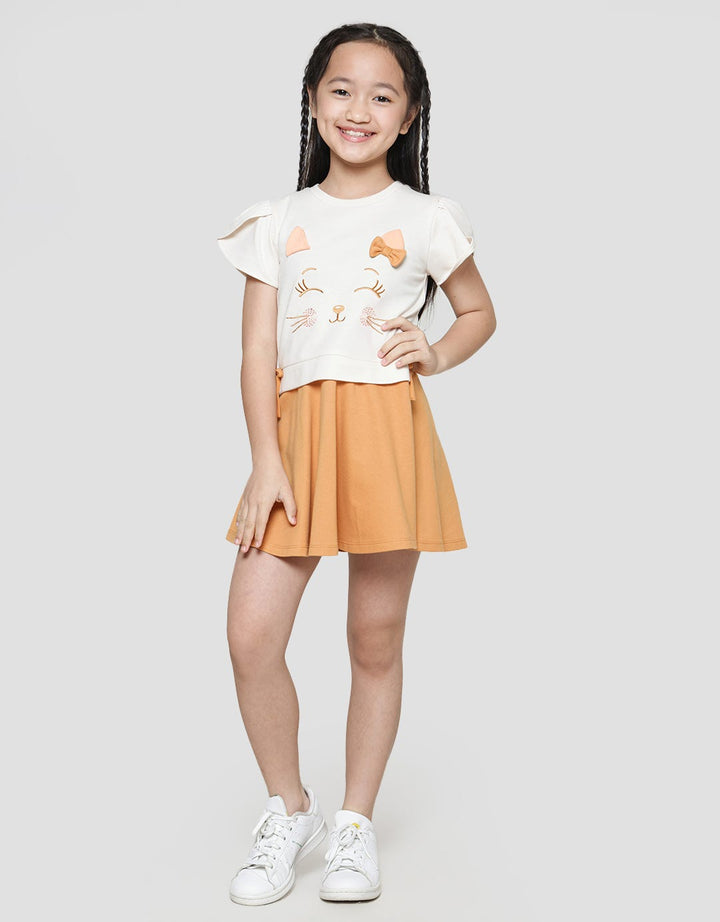 Little M Midi Dress Kombinasi Aplikasi Kucing Anak Perempuan