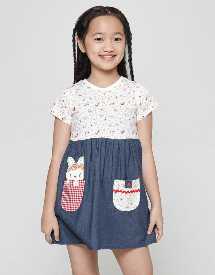 Little M Print Flower Combination Pocket Midi Dress Short Sleeve Girls