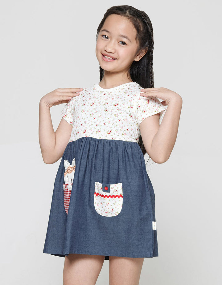Little M Print Flower Combination Pocket Midi Dress Short Sleeve Girls