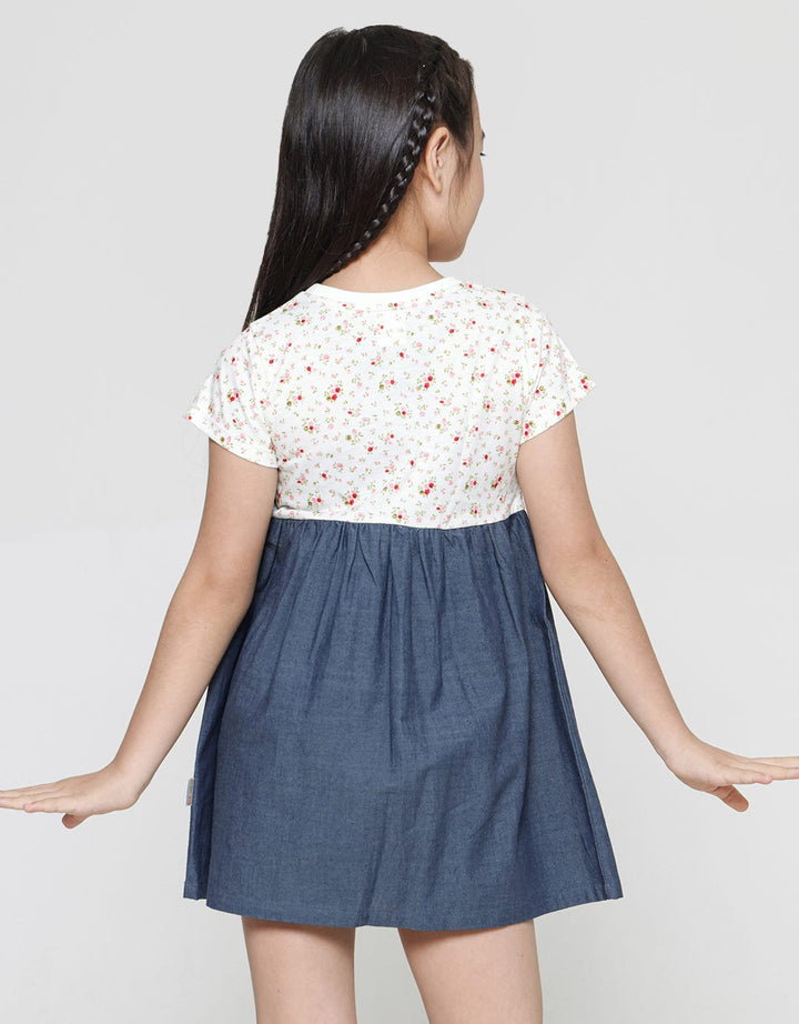 Little M Print Flower Combination Pocket Midi Dress Short Sleeve Girls