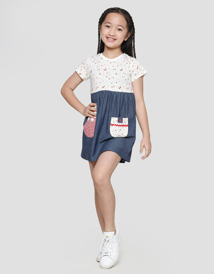Little M Print Flower Combination Pocket Midi Dress Short Sleeve Girls