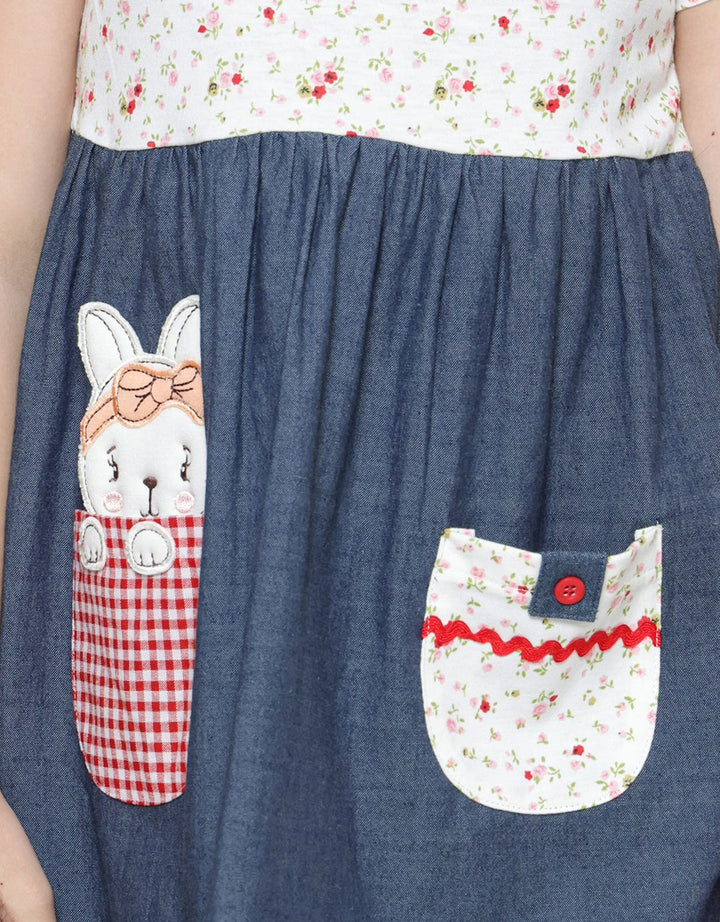 Little M Print Flower Combination Pocket Midi Dress Short Sleeve Girls