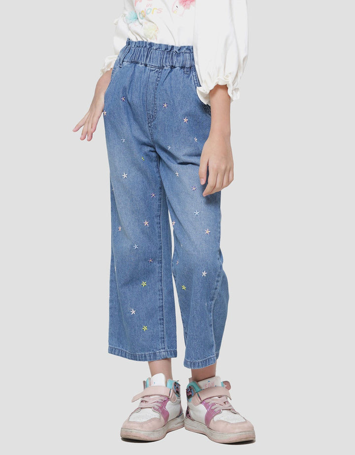 Little M Wide Leg Bordir Bunga Celana Denim Kulot Anak Perempuan