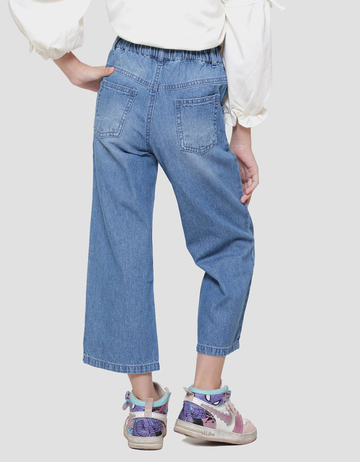 Little M Wide Leg Bordir Bunga Celana Denim Kulot Anak Perempuan