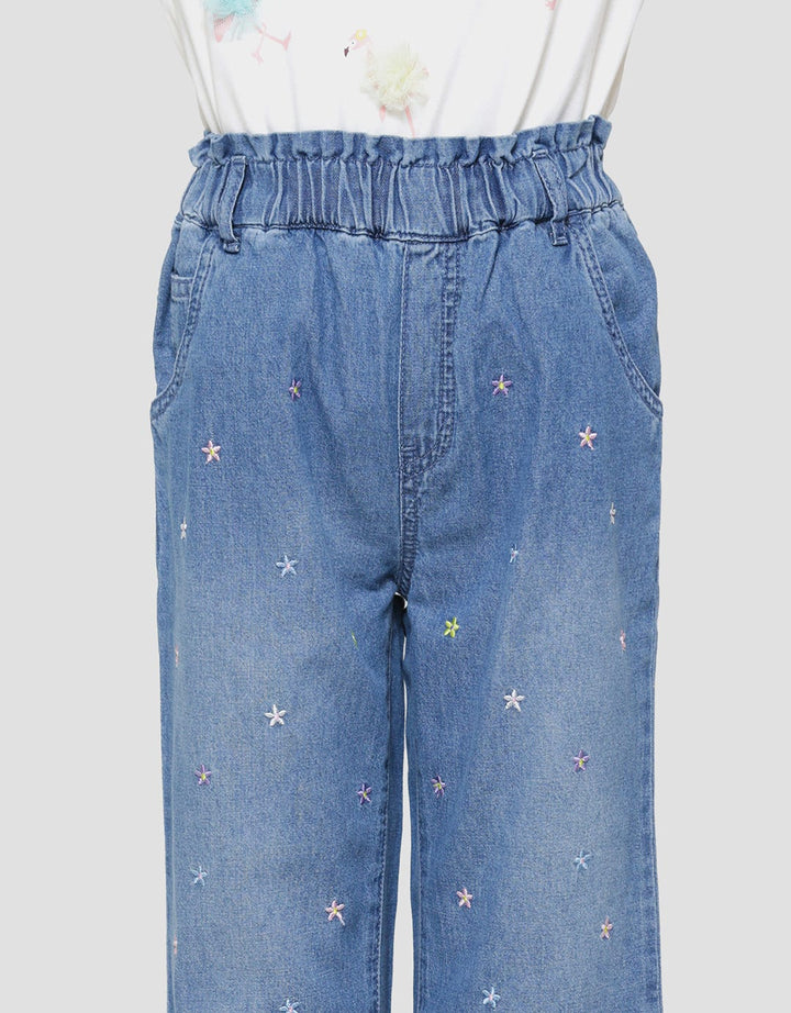 Little M Wide Leg Bordir Bunga Celana Denim Kulot Anak Perempuan