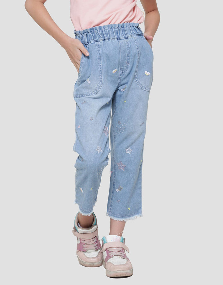 Little M Paperbag Front Pocket Embroidery Spread Girls Denim Pants