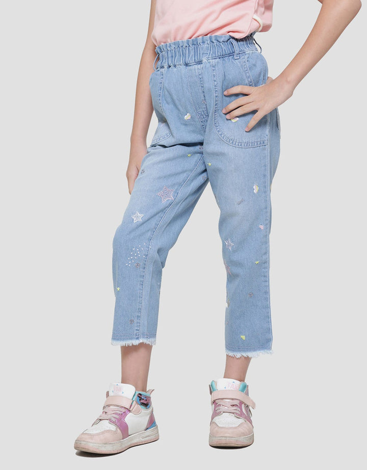 Little M Paperbag Front Pocket Embroidery Spread Girls Denim Pants