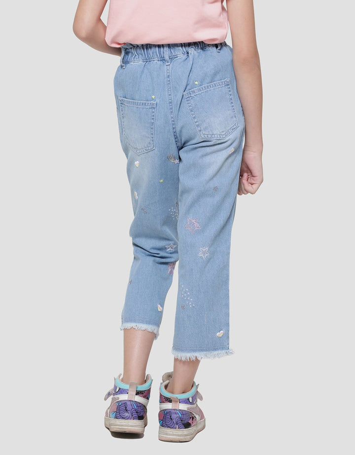 Little M Paperbag Front Pocket Embroidery Spread Girls Denim Pants