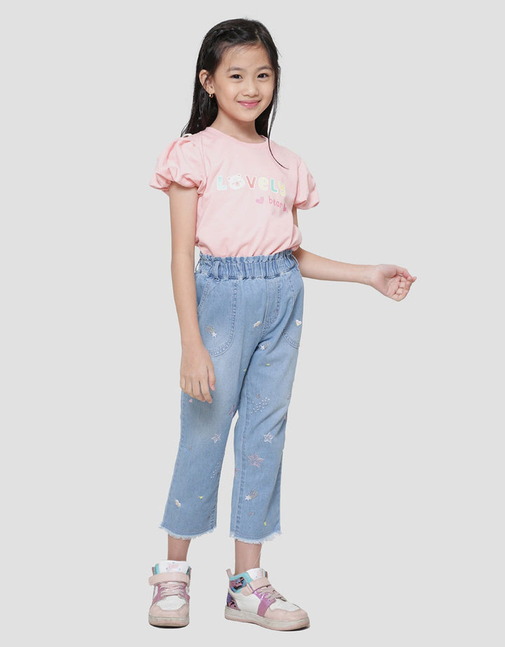 Little M Paperbag Front Pocket Embroidery Spread Girls Denim Pants
