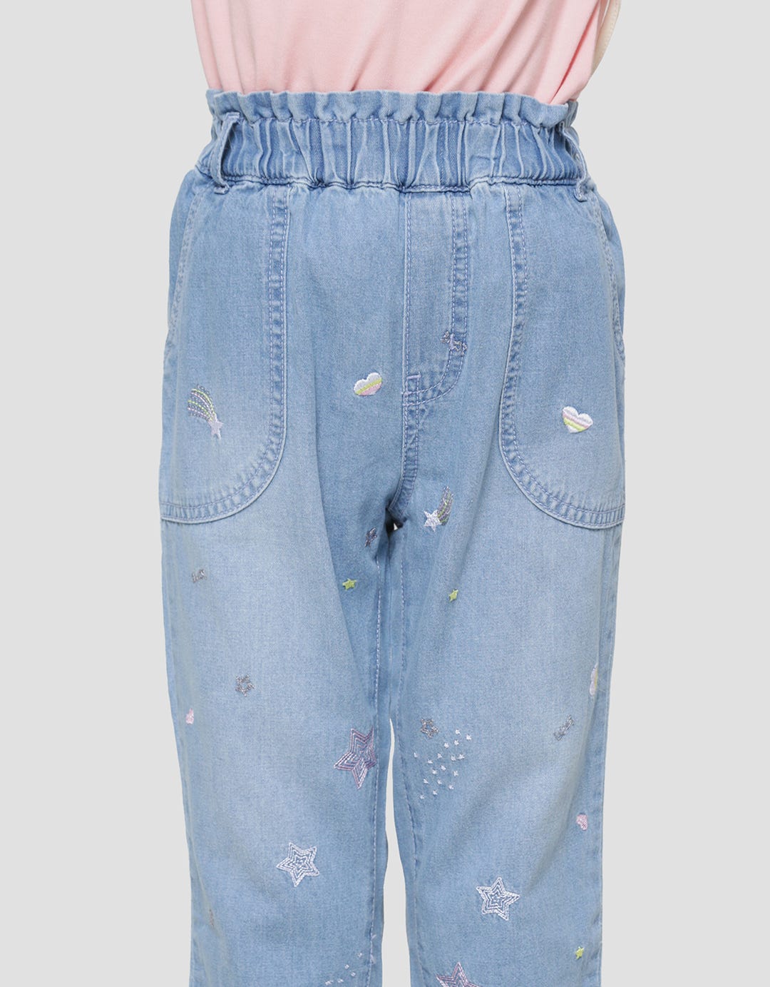 Little M Paperbag Front Pocket Embroidery Spread Girls Denim Pants