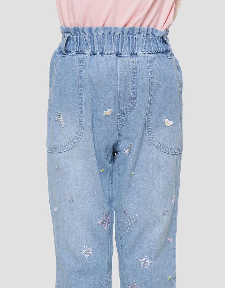Little M Paperbag Front Pocket Embroidery Spread Girls Denim Pants