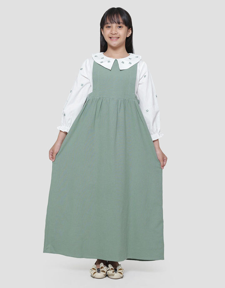 Sweet Miss Fake 2Pcs Krah Bordir Bunga Maxi Dress Anak Perempuan