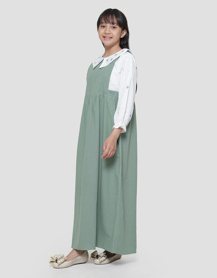 Sweet Miss Fake 2Pcs Krah Bordir Bunga Maxi Dress Anak Perempuan