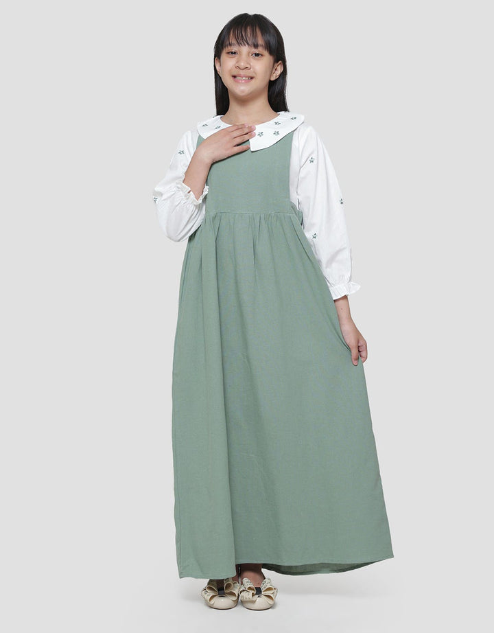 Sweet Miss Fake 2Pcs Krah Bordir Bunga Maxi Dress Anak Perempuan