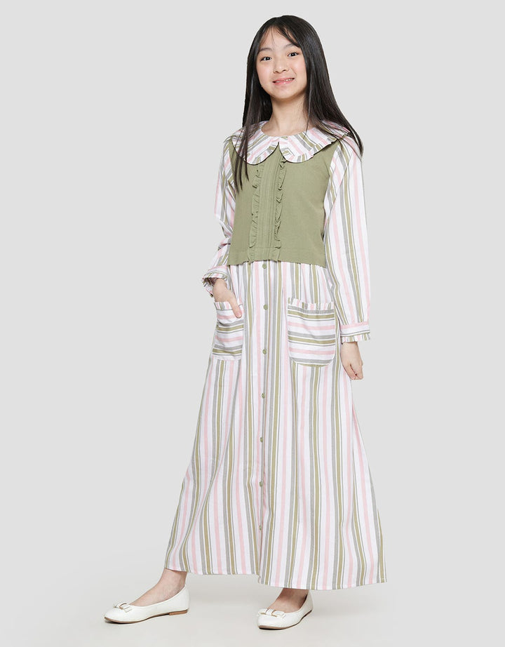Sweet Miss Fake 2 Pcs Polosan Komb Salur Maxi Dress Anak Perempuan